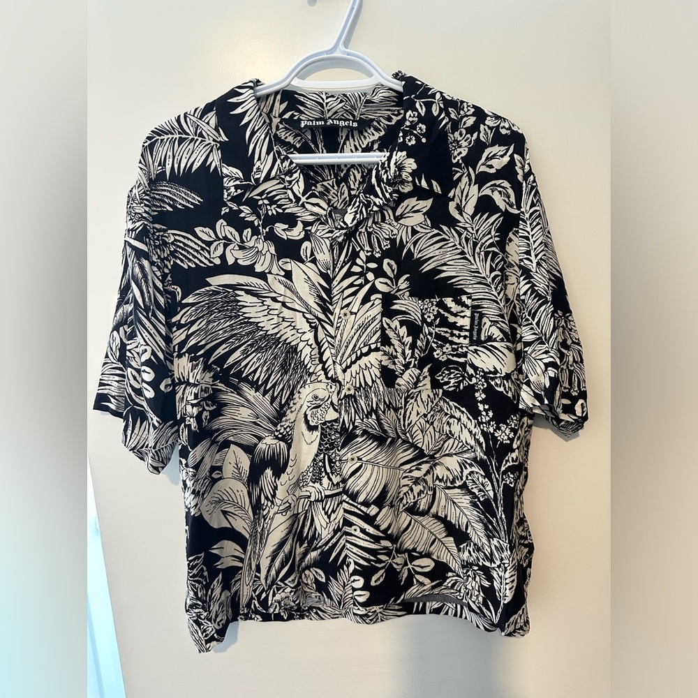 Palm Angels Black/White Jungle Parrots Bowling Shirt Size 50 Men's